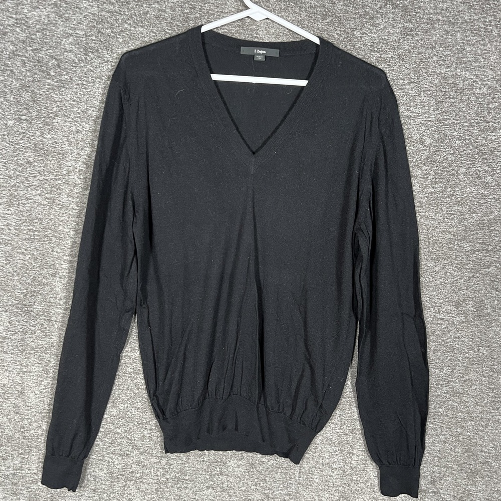 Z Zegna Sweater Mens Medium Black Silk Wool V Neck Knit Pullover‎ Italy